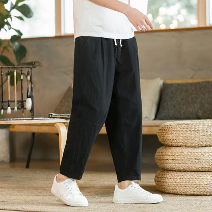 Men's Trousers Cotton Linen Fashion Casual Pants Solid Color Breathable Loose Shorts Straight Drawstring Pants Streetwear Men - Ellianto fashion Men's