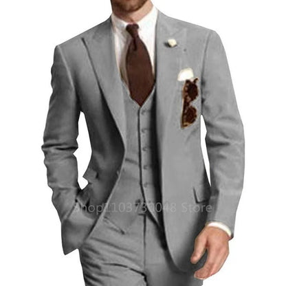 3-Piece Solid Wedding Men's Suit Slim Fit Peak Lapel Formal Business Groom Tuxedos Two Buttons Jacket +Vest+Pants for Party Prom - Ellianto fashion Men's