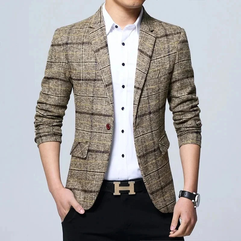 Slim Fit Plaid Men's Casual Suit Jacket Korean Style Spring Fashion Business Leisure Large Size Male Outerwear Coat - Ellianto fashion Men's