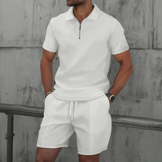 2025 simple men's suit summer new short sleeve shorts two-piece outdoor leisure handsome men's solid color trend suit - Ellianto fashion Men's