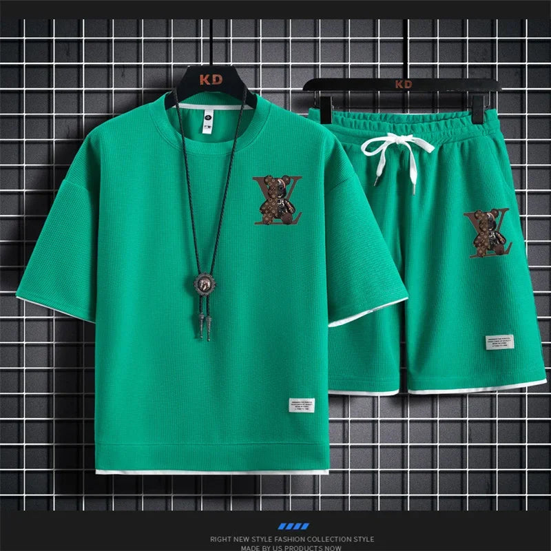 Set 2025 Summer Trend European and American men's sportswear Set: A brand-new outdoor jogging casual breathable short-sleeved T-shir - Ellianto fashion Men's