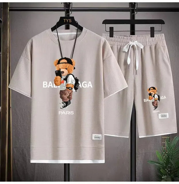 Set The 2025 new summer men's suit jacket short-sleeved oversized T-shirt + outdoor men's jogging casual shorts 2-piece set is sport - Ellianto fashion Men's