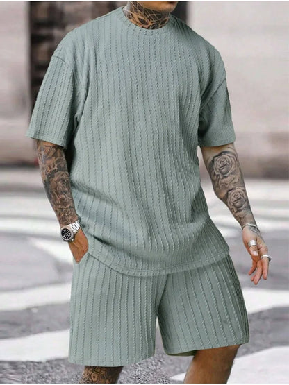 New men's sporty solid-color round-neck pullover vertical striped T-shirt, shorts and short sleeves two-piece casual set 2025 - Ellianto fashion Men's