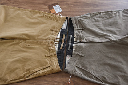 2025 Autumn New American Retro Woven Twill Cargo Pants Men's Simple 97.4% Cotton Washed Micro Elastic Straight Casual Trousers - Ellianto fashion Men's