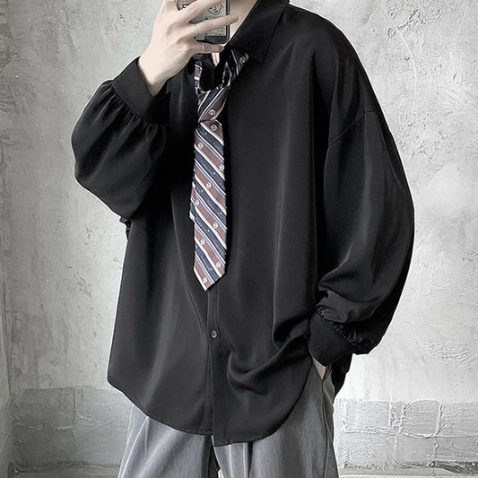 Korean Style Men's Long-sleeved Shirts Black Tie Cozy Casual Solid Oversize Blouses Breathable Loose Shirt Harajuku Male Clothes - Ellianto fashion Men's