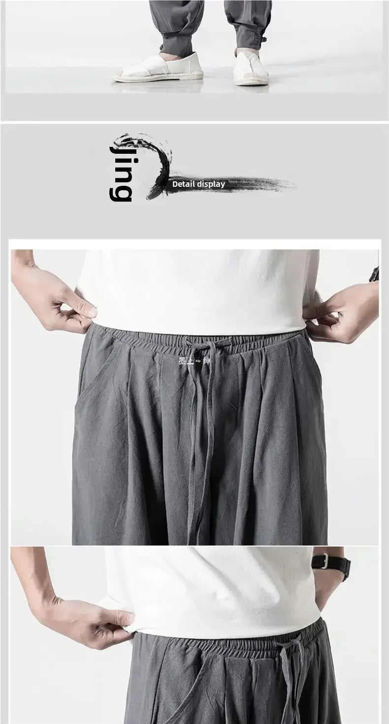 Loose-fit Cotton Linen Men's Women's Monk Pants No Tying Required Casual Spring Summer Long Pants For Zen Meditation - Ellianto fashion Men's