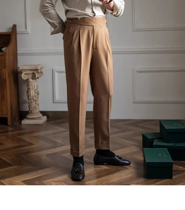 High Waist Straight Leg Casual Men's Trousers Italian Neapolitan Style Versatile Long Pants British Retro Suiting - Ellianto fashion Men's