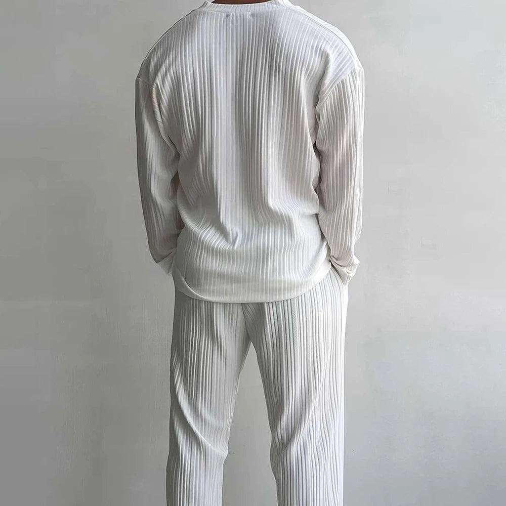 Mens Striped Sexy Solid Color V-Neck Knitted Long Sleeves Sweater Pants Autumn Casual Fashion Two-Piece Set Men’s Clothing 2024 - Ellianto fashion Men's