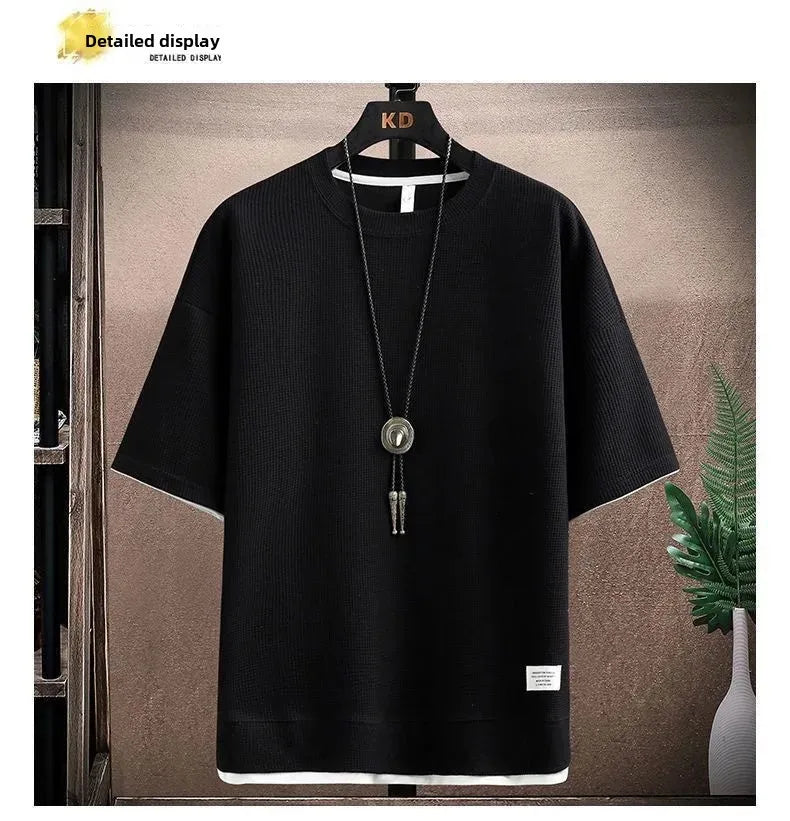 Casual Men's Sportswear Set Summer Short Sleeve Drawstring Shorts Loose Five-Quarter Pants Thin Male Outfit Two-Piece Suit - Ellianto fashion Men's