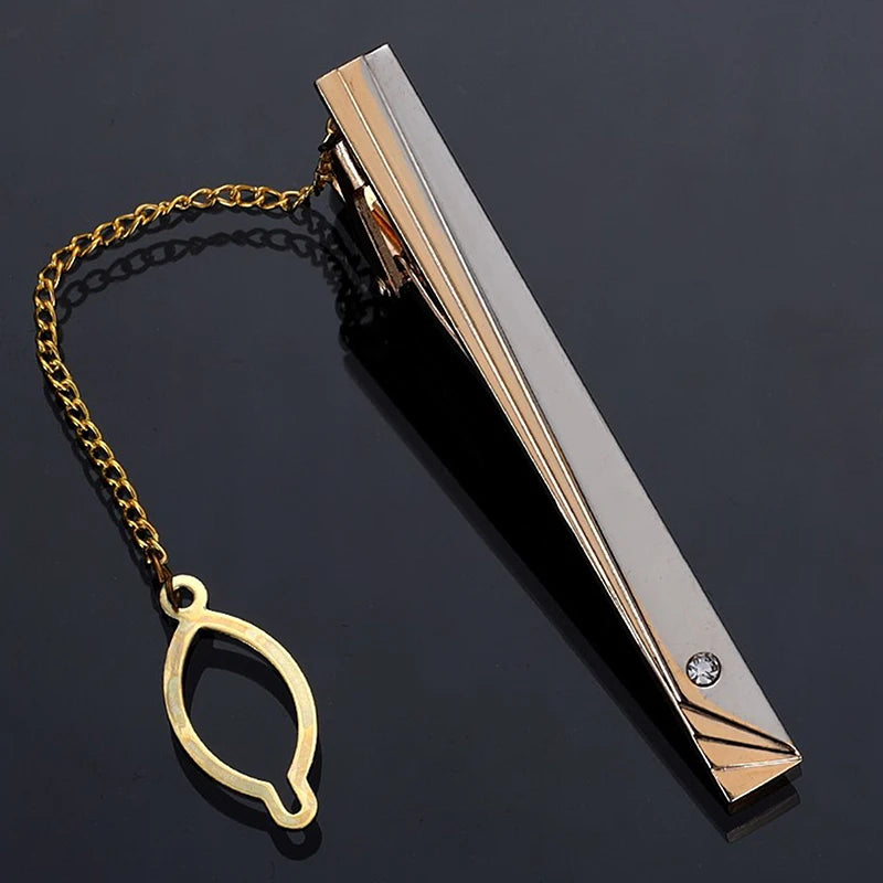 New Metal Gold Color Tie Clip With Chain For Men Wedding Necktie Tie Clasp Clip Gentleman Ties Bar Tie Pin For Men's Accessories - Ellianto fashion Men's