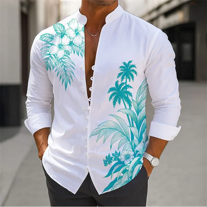 Men's Long Sleeve Shirt Cross Border Summer 3D Bamboo Print Flower Vintage Flip-Neck Long Sleeve Button Top