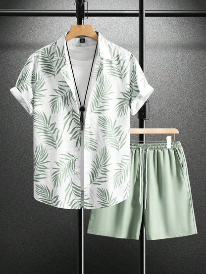Set Summer Fashion Men's Suit Elegant Plant Printing Pattern Short-sleeved Lapel Shirt And Drawstring Shorts Leisure Two-piece Suit - Ellianto fashion Men's