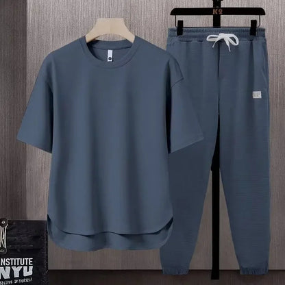 Pure Color Men's T-Shirt Set Short Sleeve Summer Trendy Two-Piece Suit Casual Comfortable Breathable Male Model Clothing - Ellianto fashion Men's