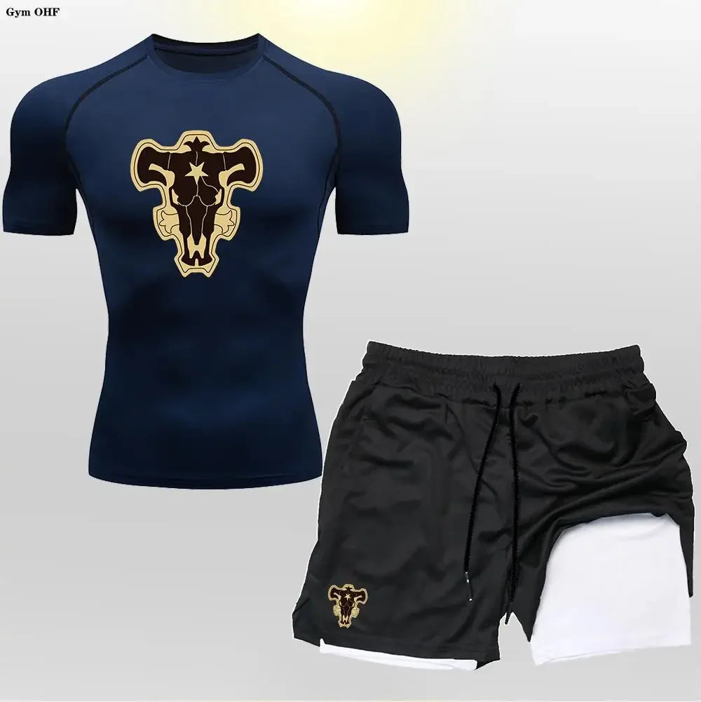 New Gym Shorts Men Double-Deck Workout 2 In 1 Quick Dry Compression T Shirt Suit Outdoors Running Tracksuit Jogging