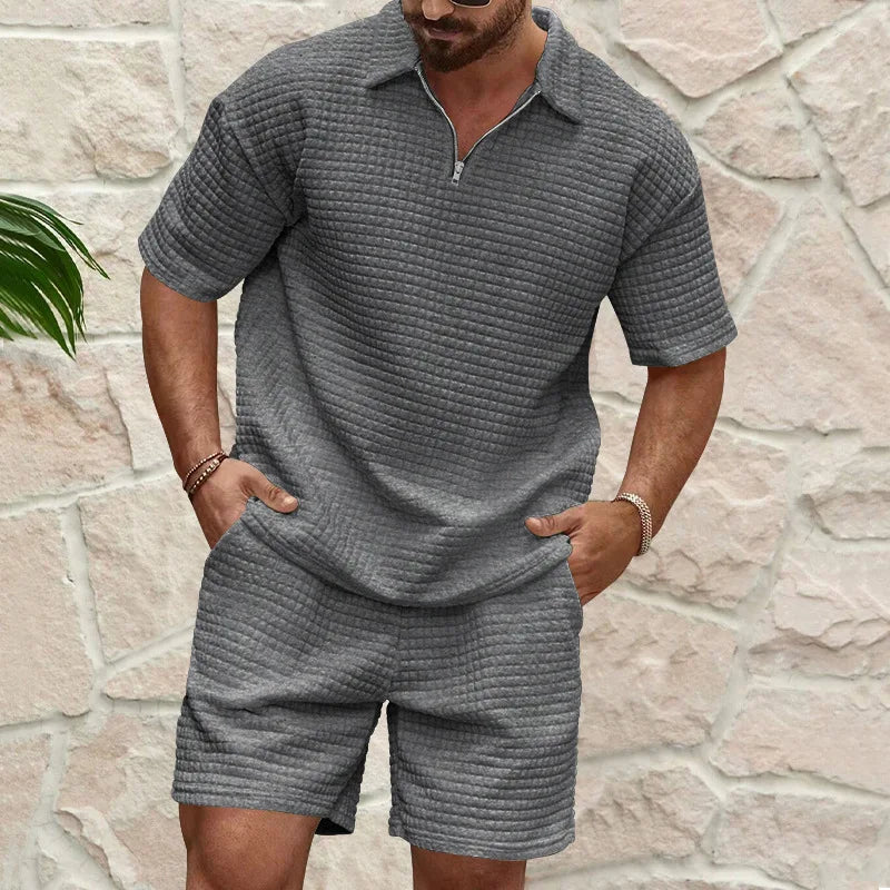 2025 European and American Men's Spring and Summer Trends Youth Outdoor Lapel Small Plaid Short Sleeve Shorts Sports Suit - Ellianto fashion Men's