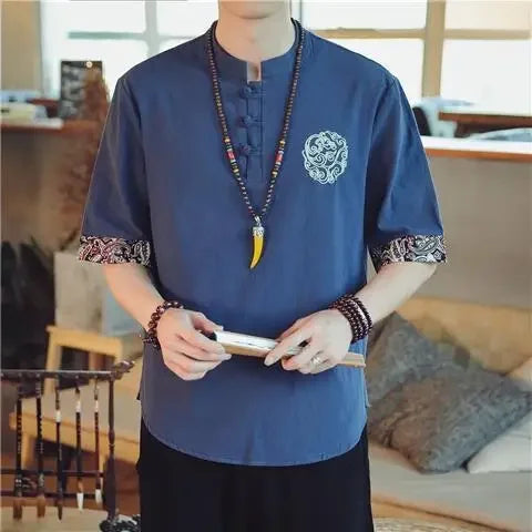 Men’s Chinese-Style Summer Cotton-Linen Short-Sleeve Shirt – Lightweight Comfort with Elegant Embroidered Crane Design for the Modern Gentleman