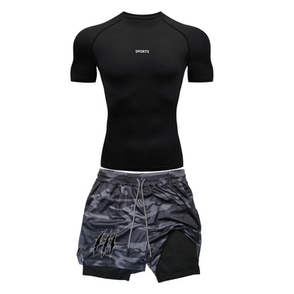Men’s Sports Compression Set – Quick-Dry Rash Guard Top & 2-in-1 Stretch Shorts for Gym & Training