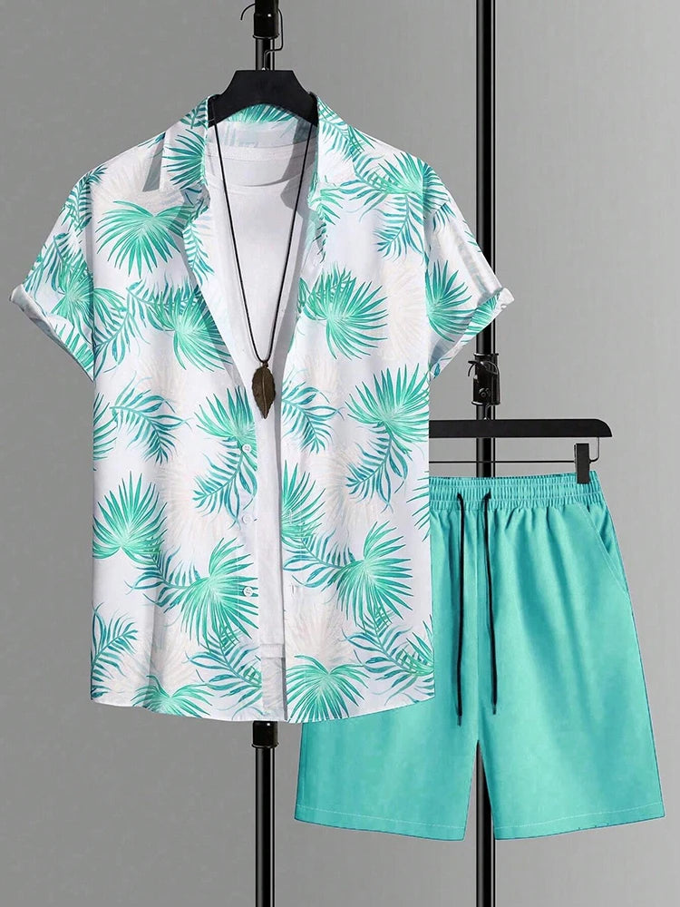 Set Hawaiian Coconut Tree Print Men's Shirt Summer Short Sleeve Tops Beach Shorts 2 Piece Sets Casual Vacation Style Outfit Clothing - Ellianto fashion Men's