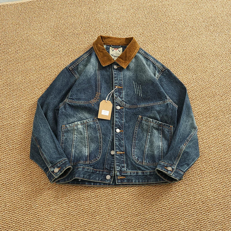 Spring New American Retro Heavyweight Neckline Contrast Color Corduroy Washed Old Cargo Denim Jacket Men's Lapel Casual Coat