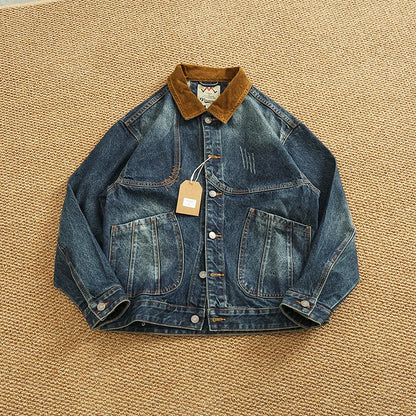 Spring New American Retro Heavyweight Neckline Contrast Color Corduroy Washed Old Cargo Denim Jacket Men's Lapel Casual Coat