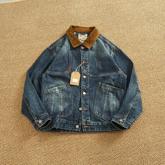 Spring New American Retro Heavyweight Neckline Contrast Color Corduroy Washed Old Cargo Denim Jacket Men's Lapel Casual Coat