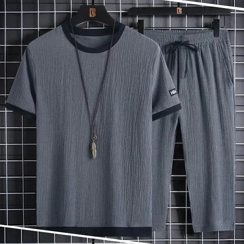 Ice Silk Summer Casual Sports Suit Men's Short Sleeve T-Shirt Shorts Set Fashionable Two-Piece Set for Men Comfortable Breathabl - Ellianto fashion Men's