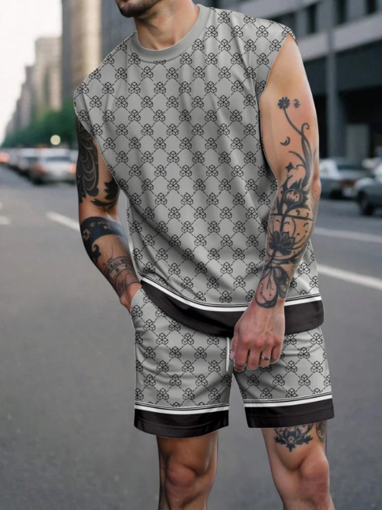 Set 2025 Man New Summer 2 Piece Matching Suits Men's All Graphic Printed Outfits Bohemian Beach Sleeveless Tank and Short Sets - Ellianto fashion Men's