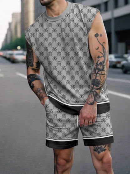 Set 2025 Man New Summer 2 Piece Matching Suits Men's All Graphic Printed Outfits Bohemian Beach Sleeveless Tank and Short Sets - Ellianto fashion Men's
