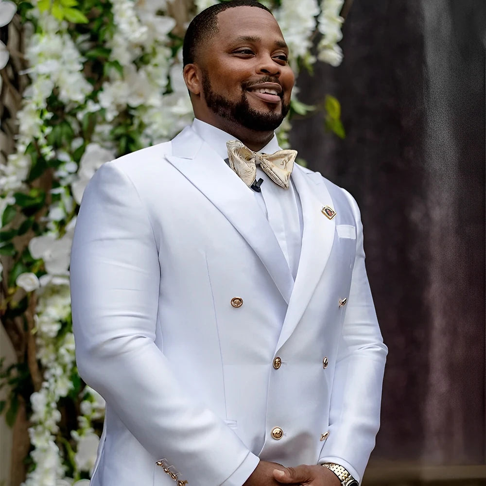 White Satin Men's Suit 2 Piece Peaked Collar Blazer Double Breasted Jacket Wedding Groom Tuxedo Elegant Men's CustomizationXS-5X - Ellianto fashion Men's