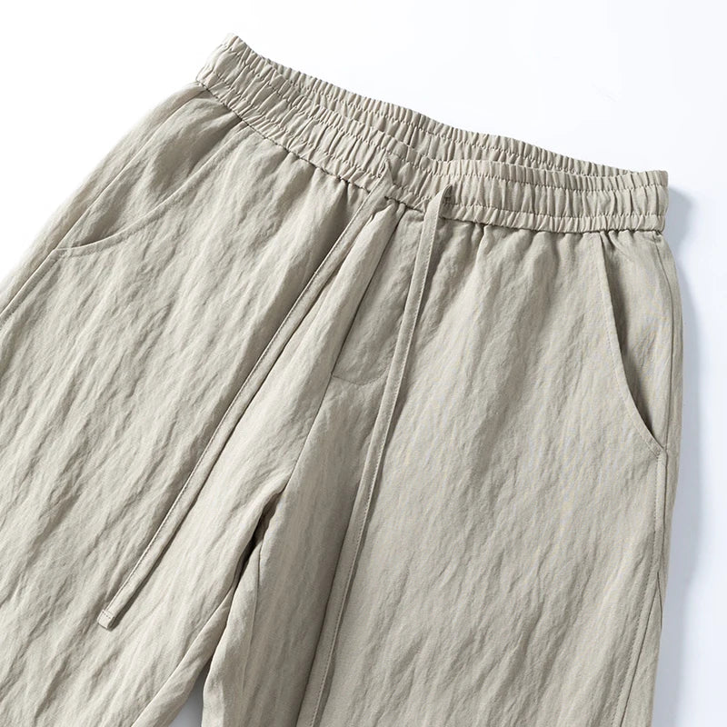 Men’s Thin Ice Silk Linen Casual Pants – Lightweight Wide-Leg Trousers with Drawstring, Straight Baggy Fit, and Elastic Waist for Effortless Comfort