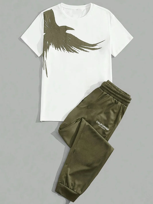 Set 2025 Simple Casual Men's T-shirt Short-sleeved Suit And Pants Fashion Eagle Print Pattern Sports And Leisure Two-piece Set - Ellianto fashion Men's