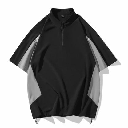 2025 New Men's Black Gray Color Blocked T-shirt Mountain Style Quick Drying Training Suit Fashionable Zipper Collar Sports Top - Ellianto fashion Men's