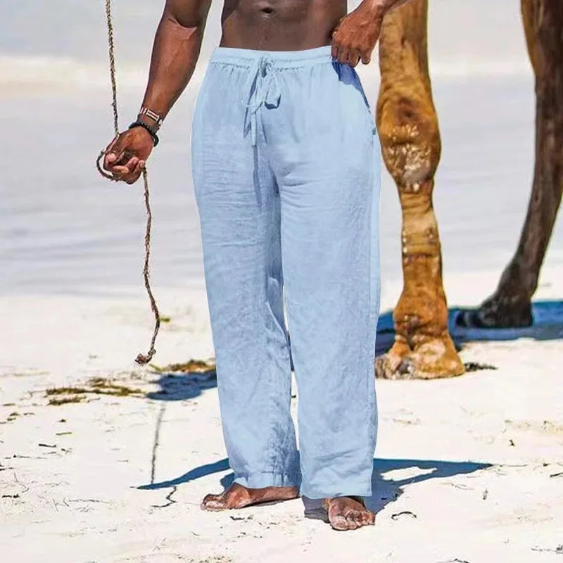 Men's Summer Casual Pure Color Cotton Linen Straight Leg Pants Loose Wrinkle Comfortable Loose Fit Trousers for Men - Ellianto fashion Men's