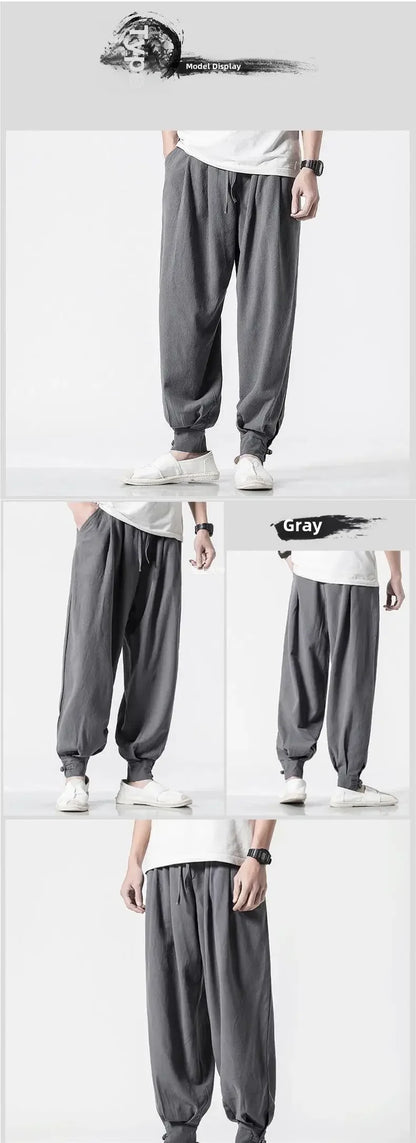 Loose-fit Cotton Linen Men's Women's Monk Pants No Tying Required Casual Spring Summer Long Pants For Zen Meditation - Ellianto fashion Men's