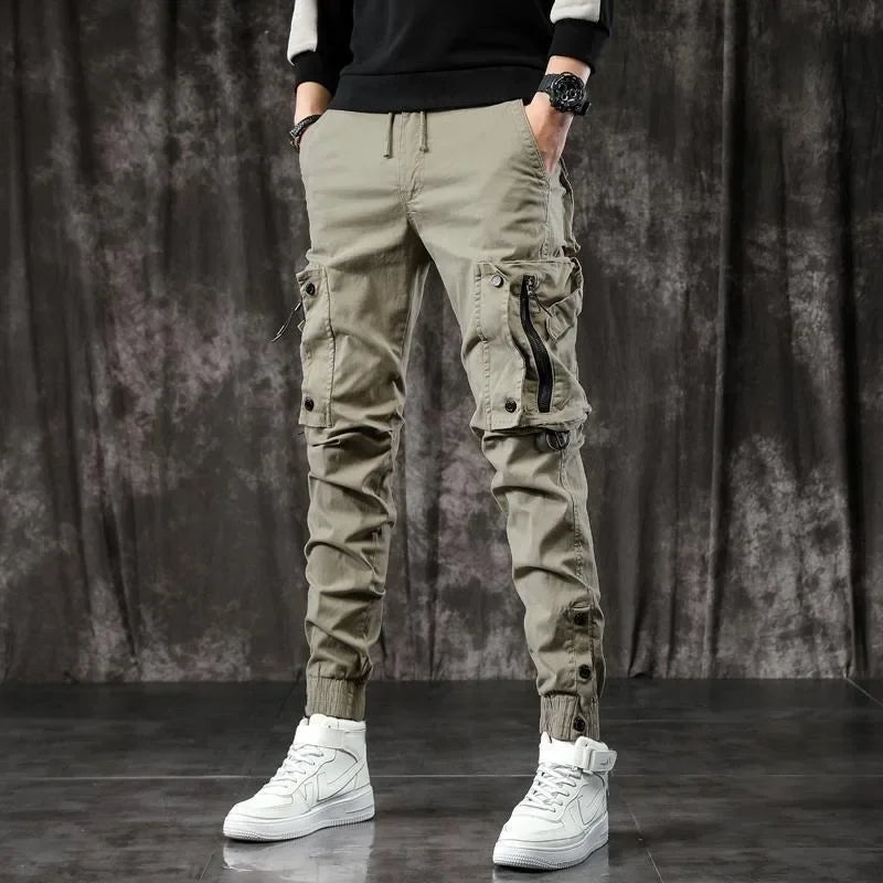 Trendy Men's Spring Autumn Cargo Pants Slim Fit Casual Style Loose Fit American Style Multiple Pocket Small Foot Pants Black - Ellianto fashion Men's
