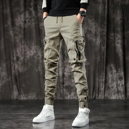 Trendy Men's Spring Autumn Cargo Pants Slim Fit Casual Style Loose Fit American Style Multiple Pocket Small Foot Pants Black - Ellianto fashion Men's