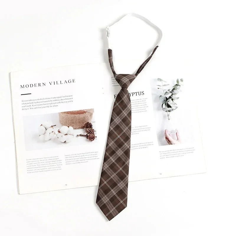 Vintage Brown Plaid Necktie Women's Lazy Person's Japanese Style Preppy Small Tie Bow Tie Handmade Men's Tie