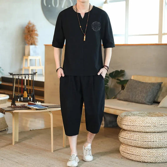 Men's Loose-fit Casual Pants Set Chinese Style Cotton Linen Short Sleeve Shirt Seven-point Shorts Two-piece Suit - Ellianto fashion Men's