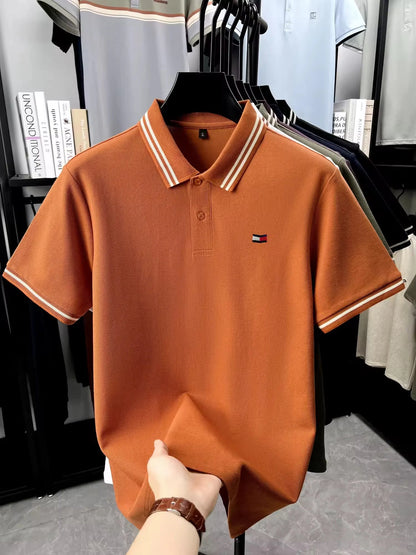 100% pure cotton summer men original embroidered short sleeved fashionable striped lapel shirt polo shirt breathable T-shirt top - Ellianto fashion Men's