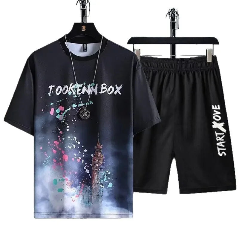 Ice Silk Men's Sportswear Set Quick Dry Casual Dyeing Short Sleeve T-Shirt Shorts Comfortable Lightweight Fashionable Outfit - Ellianto fashion Men's