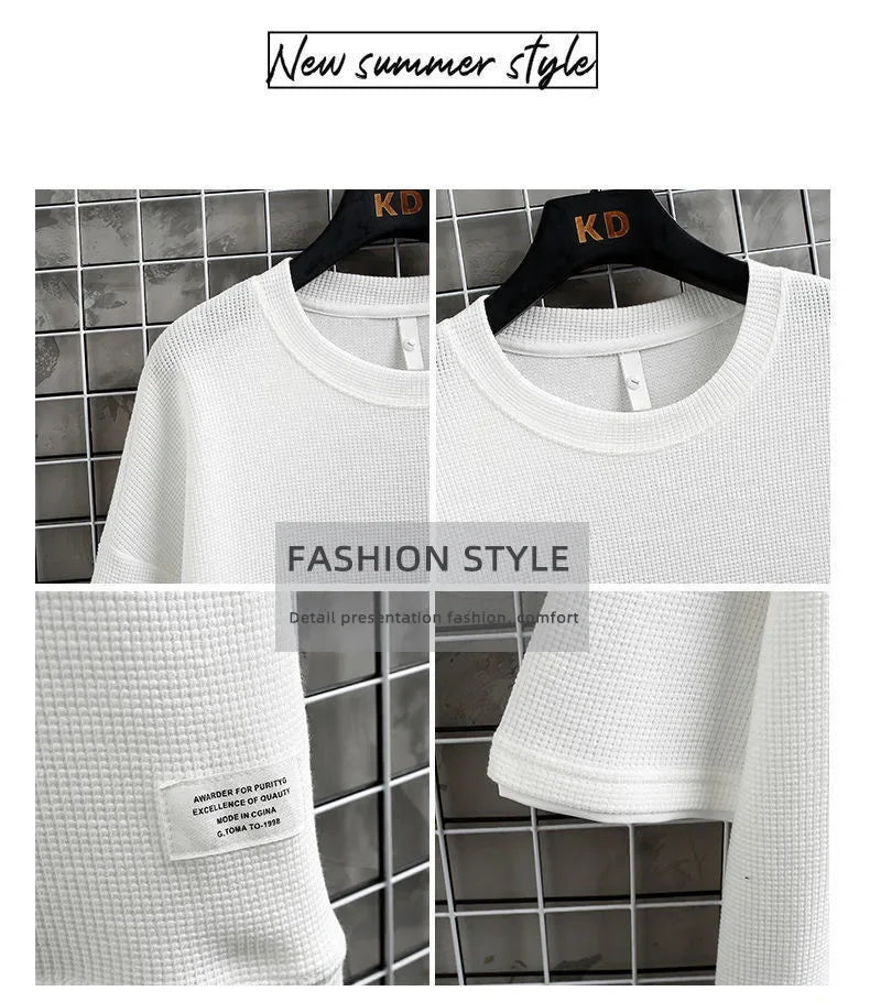 Casual Men's Sportswear Set Summer Short Sleeve Drawstring Shorts Loose Five-Quarter Pants Thin Male Outfit Two-Piece Suit - Ellianto fashion Men's