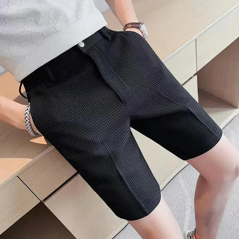 Summer Men Waffle Thin Coffee Suit Shorts Streetwear Fashion Male Clothes Korean Casual Pocket Straight 5 Points Ice Short Pants - Ellianto fashion Men's