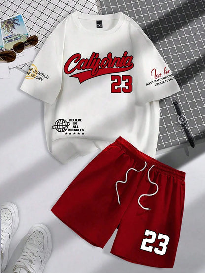 Set Summer Trend Men's Round Neck Short Sleeve Set Fashion Personalized Alphanumeric Print Round Neck T-shirt and Shorts Two Piece - Ellianto fashion Men's