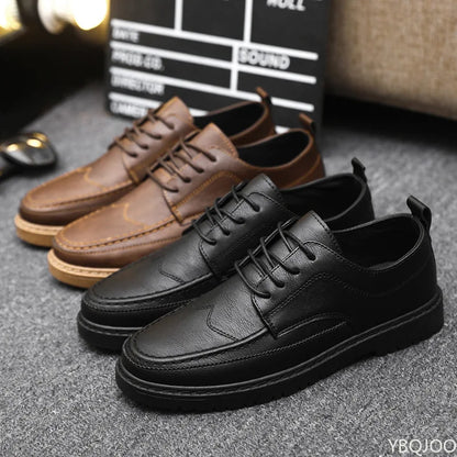 Men's Casual Leather Shoes Trendy Summer Breathable Black Work Shoes Casual Classic Fashion Formal Comfortable Flat Shoes - Ellianto fashion Men's