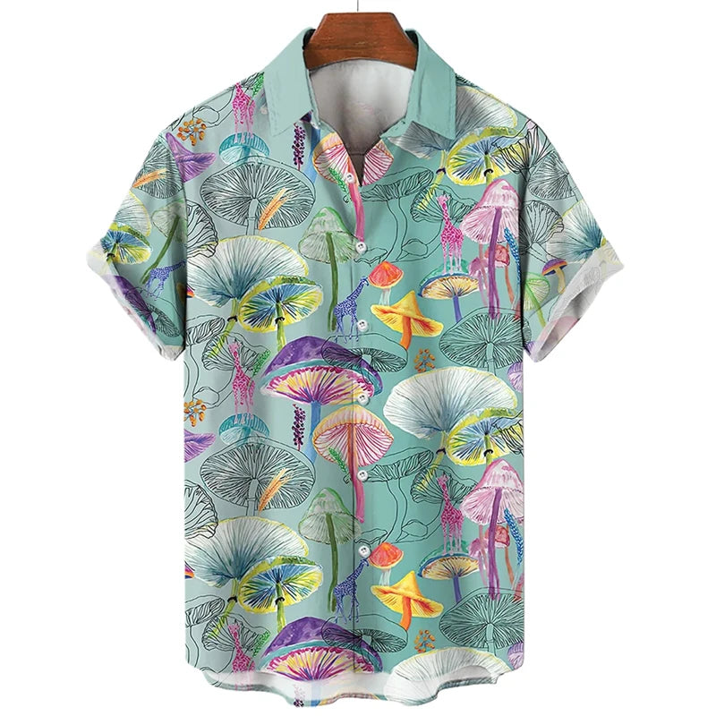 Mushroom 3D Printed Shirts For Men Clothes Cartoon Harajuku Fashion Agaricus Campestris Graphic Blouses Hawaiian Y2k Beach Tops - Ellianto fashion Men's