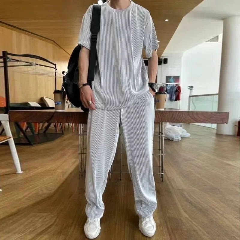 Casualsuit Ice Silk Sports Men's Summer Thin Short Sleeves T-shirt Quick Dry Long Pants Matching Half Sleeve Clothes Set - Ellianto fashion Men's