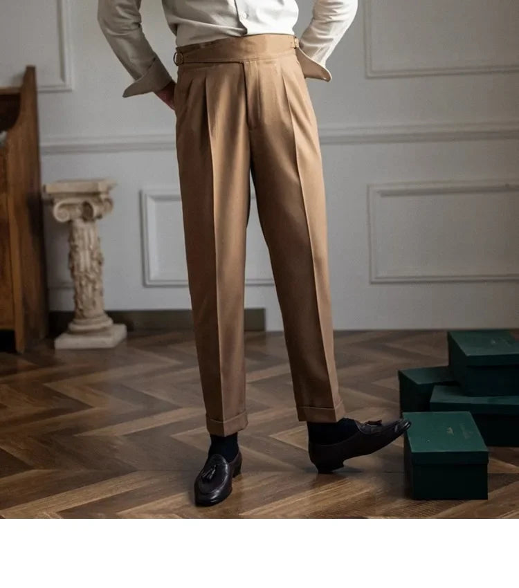 High Waist Straight Leg Casual Men's Trousers Italian Neapolitan Style Versatile Long Pants British Retro Suiting - Ellianto fashion Men's