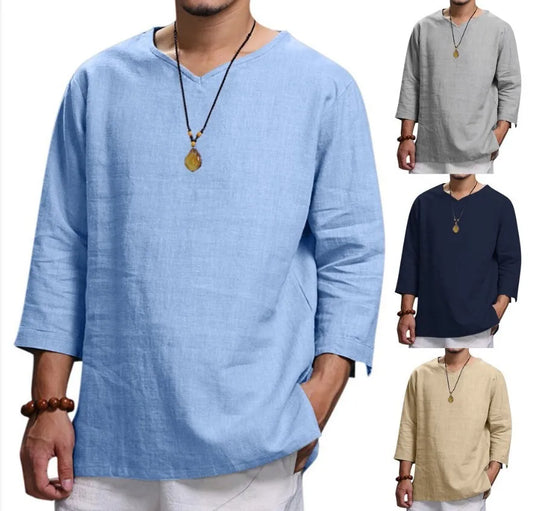 Men's New 3/4 Sleeve Loose Solid Casual Large Pullover Shirt - Ellianto fashion Men's