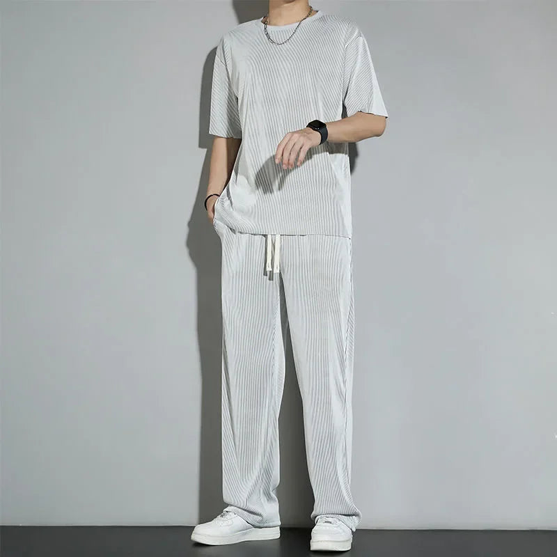 Casualsuit Ice Silk Sports Men's Summer Thin Short Sleeves T-shirt Quick Dry Long Pants Matching Half Sleeve Clothes Set - Ellianto fashion Men's