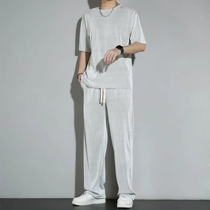 Casualsuit Ice Silk Sports Men's Summer Thin Short Sleeves T-shirt Quick Dry Long Pants Matching Half Sleeve Clothes Set - Ellianto fashion Men's